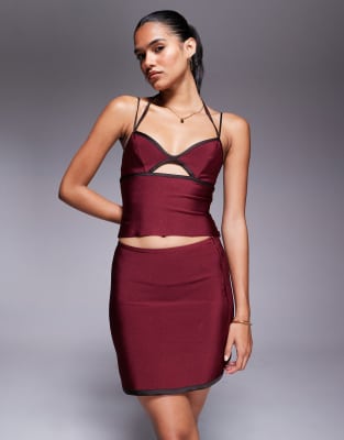 Asos Design Sculpting Contrast Satin Binding Mini Skirt In Burgundy