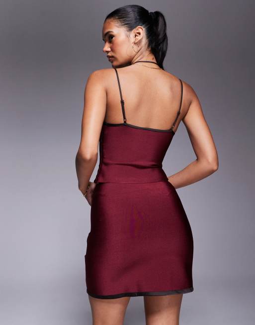 ASOS DESIGN sculpting contrast satin binding mini skirt in burgundy - part of a set, 4 of 5