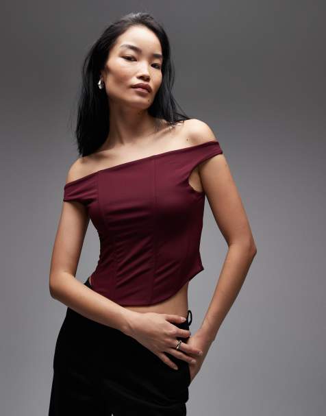 ASOS DESIGN Sculpting corset bardot top with boning in burgundy - view 1
