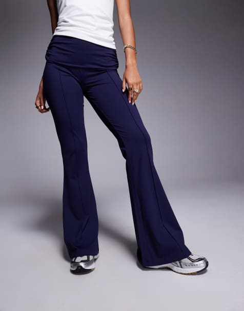 ASOS DESIGN sculpting fold over waist flare pants in midnight blue - view 1