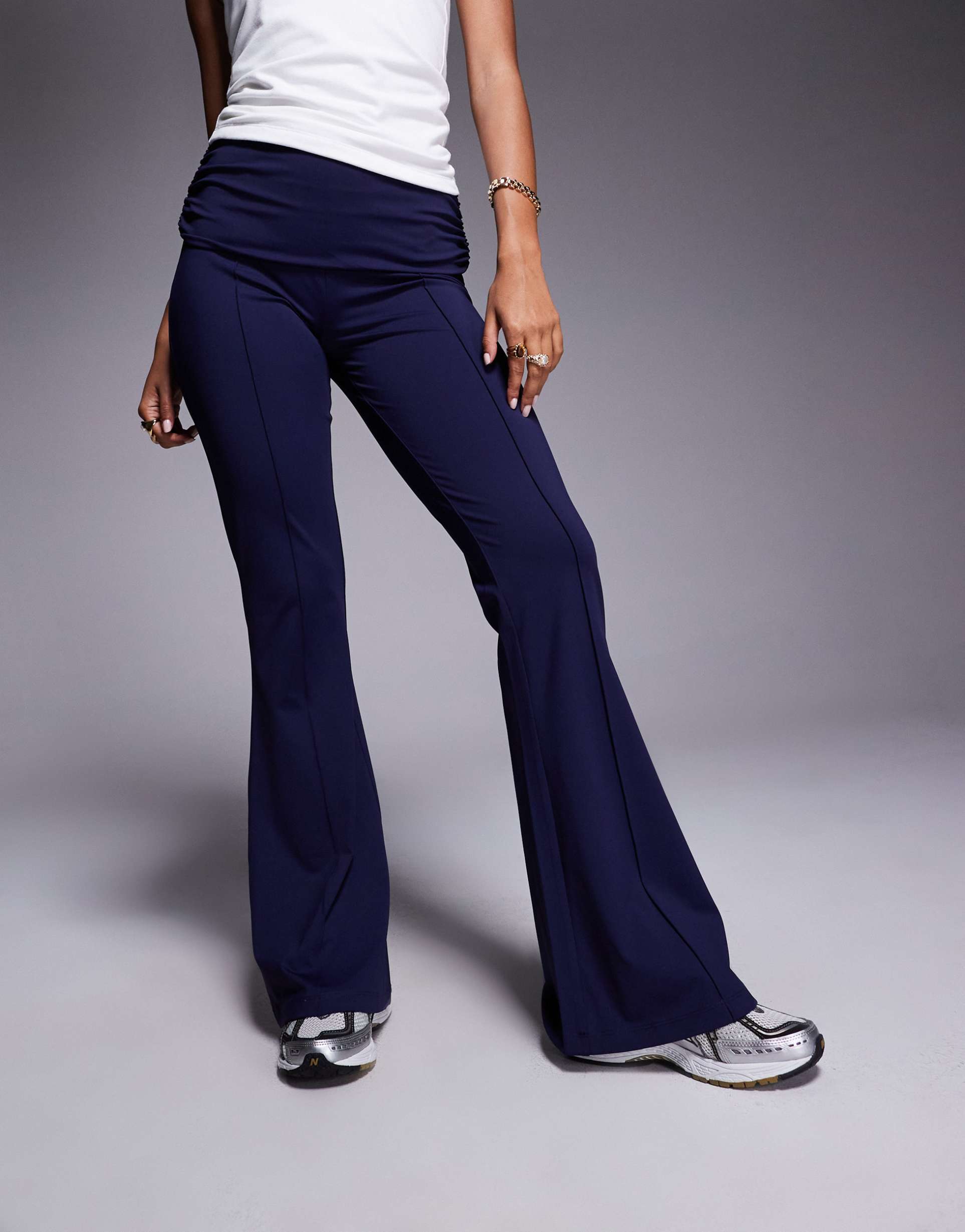 asos design sculpting fold over waist flare pants in midnight blue