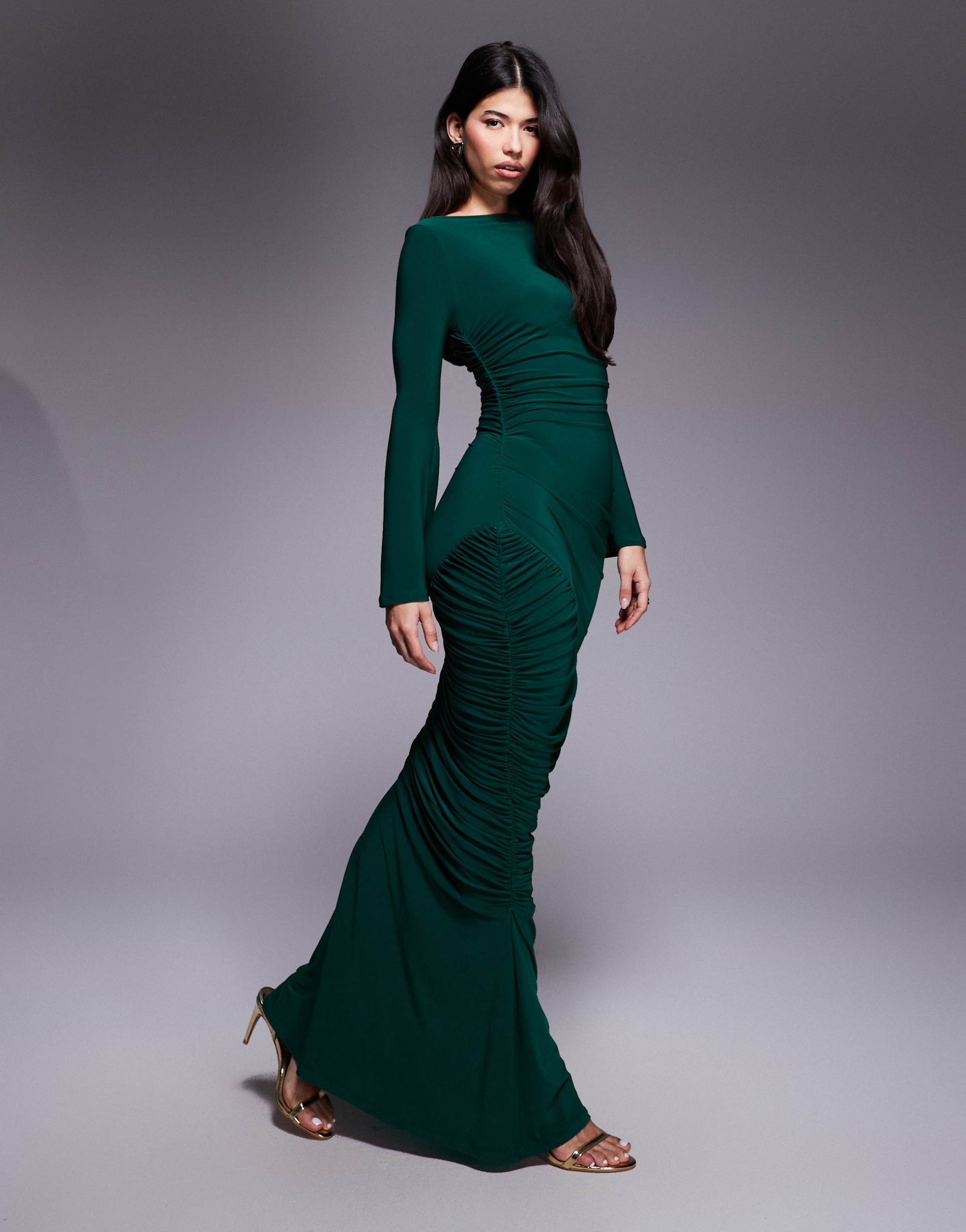 asos design sculpting gauged paneled maxi dress with long sleeves in green