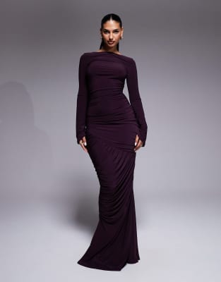 Asos Design Sculpting Gauged Paneled Maxi Dress With Long Sleeves In Purple