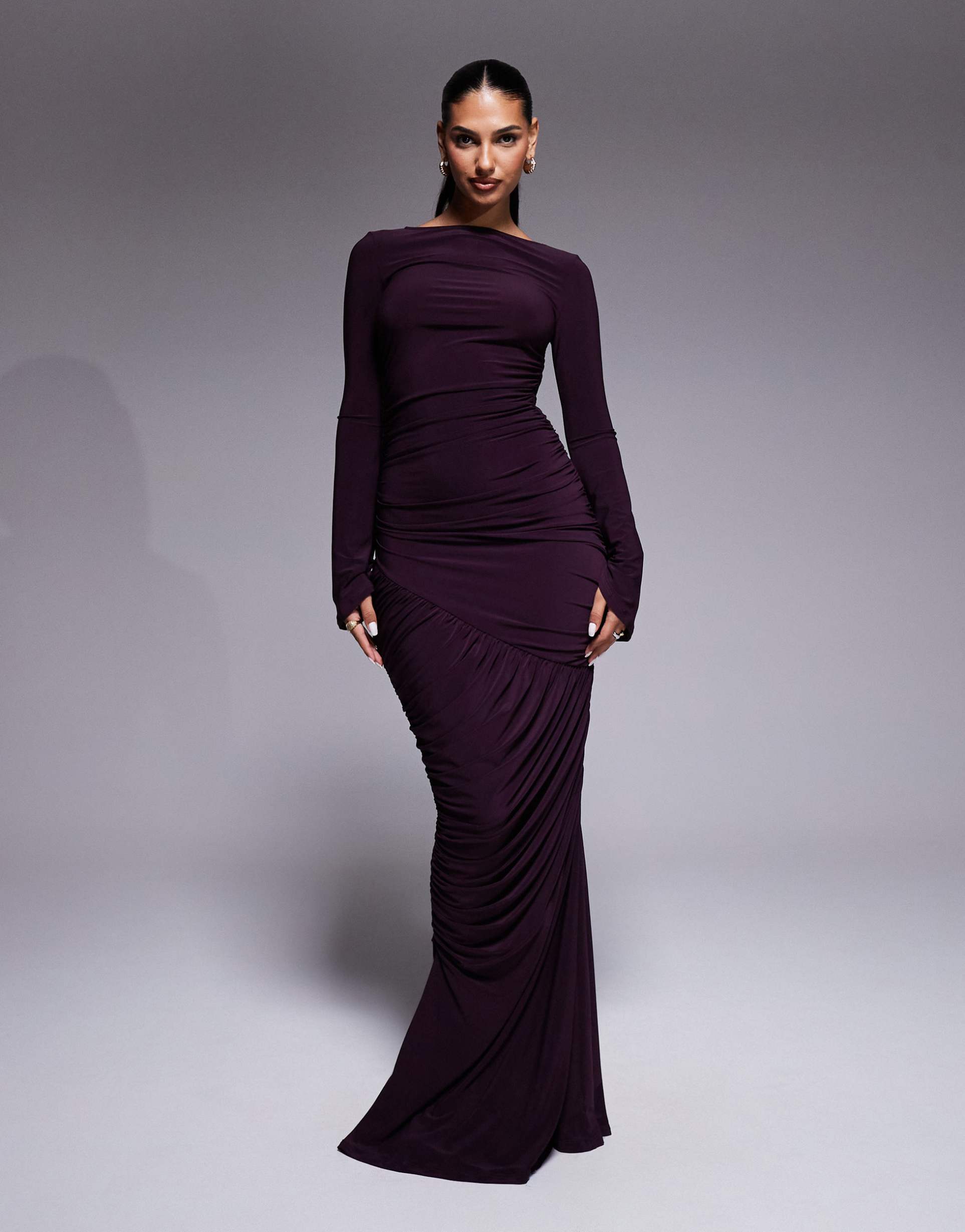 asos design sculpting gauged paneled maxi dress with long sleeves in plum