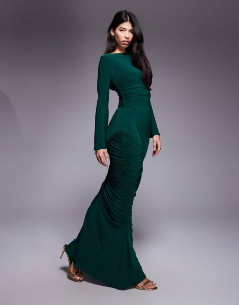 ASOS DESIGN sculpting gauged panelled maxi dress with long sleeves in green