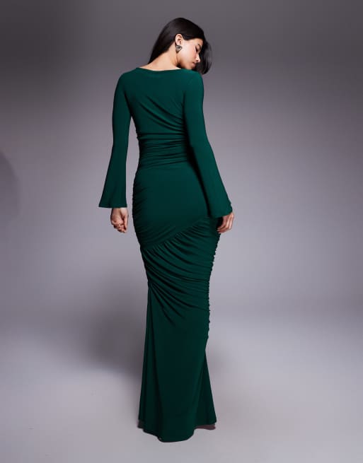 ASOS DESIGN sculpting gauged panelled maxi dress with long sleeves in green, 2 of 4
