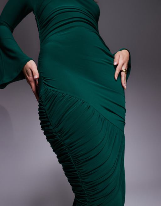 ASOS DESIGN sculpting gauged panelled maxi dress with long sleeves in green, 3 of 4