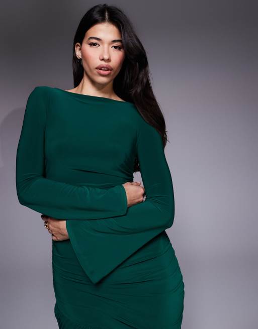 ASOS DESIGN sculpting gauged panelled maxi dress with long sleeves in green, 4 of 4