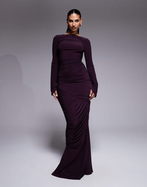 ASOS DESIGN sculpting gauged panelled maxi dress with long sleeves in plum - view 1