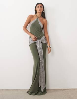 Asos Design Sculpting Halter Maxi Dress With Sequin Sash In Green