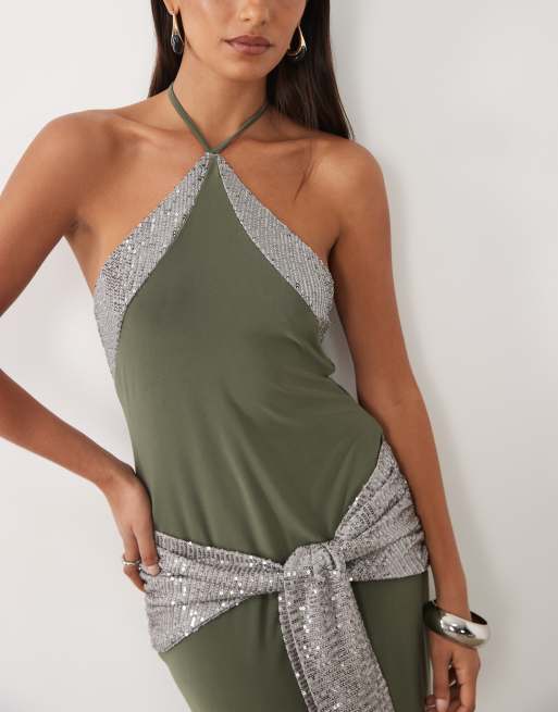 ASOS DESIGN sculpting halter maxi dress with sequin sash in khaki, 3 of 4