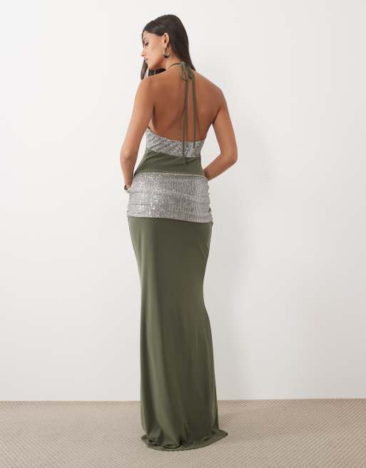ASOS DESIGN sculpting halter maxi dress with sequin sash in khaki, 4 of 4