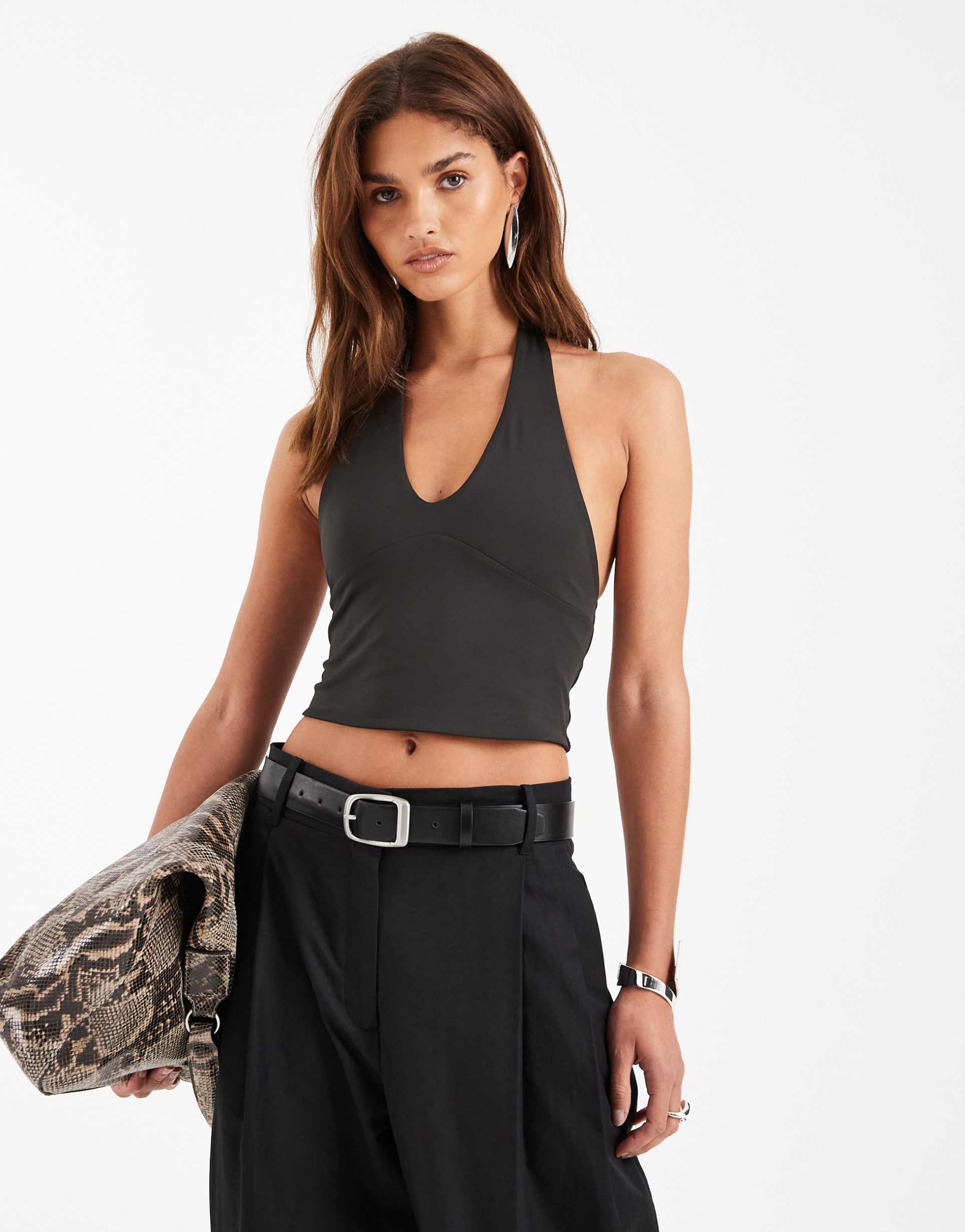 asos design sculpting halter neck crop top in black