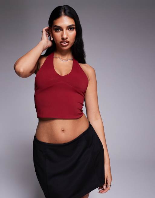 ASOS DESIGN sculpting halter neck crop top in merlot , 3 of 4