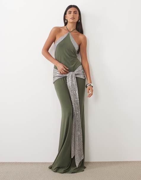 ASOS DESIGN sculpting halter neck maxi dress with sequined sash in khaki green - view 1