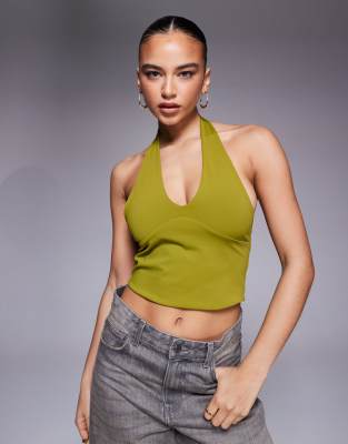 Asos Design Sculpting Halter Neck Top In Green