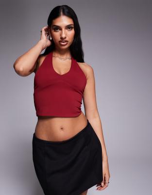 ASOS DESIGN sculpting halter neck top in merlot - view 1