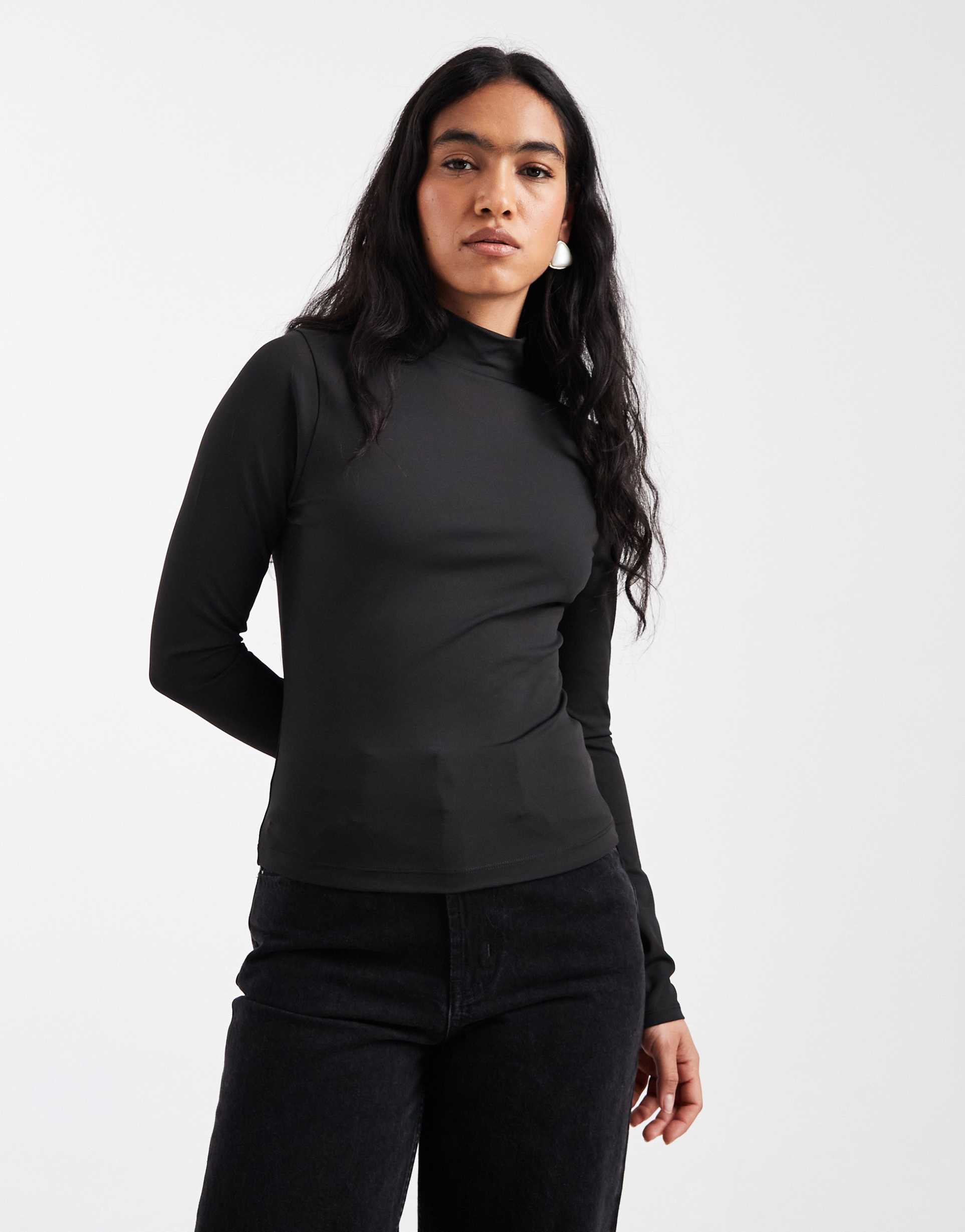 asos design sculpting high neck long sleeve top in black