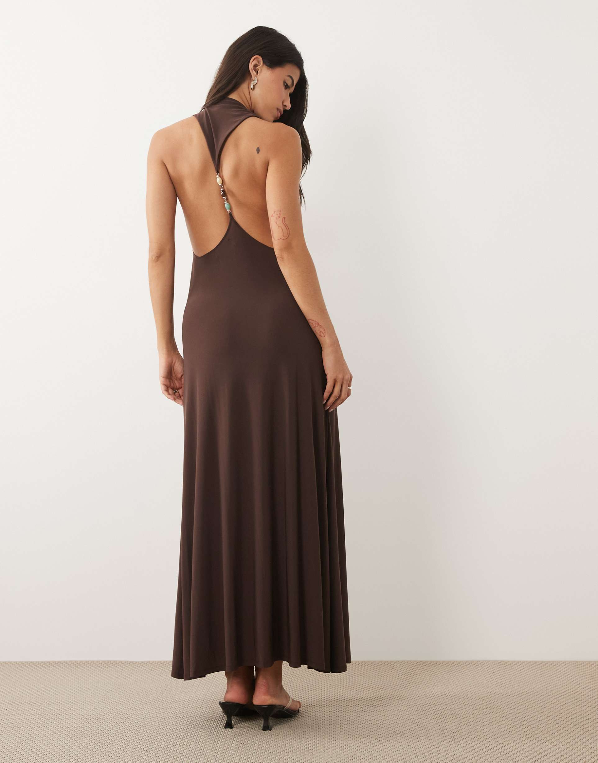 asos design sculpting high neck maxi dress with open back and trim detail in chocolate