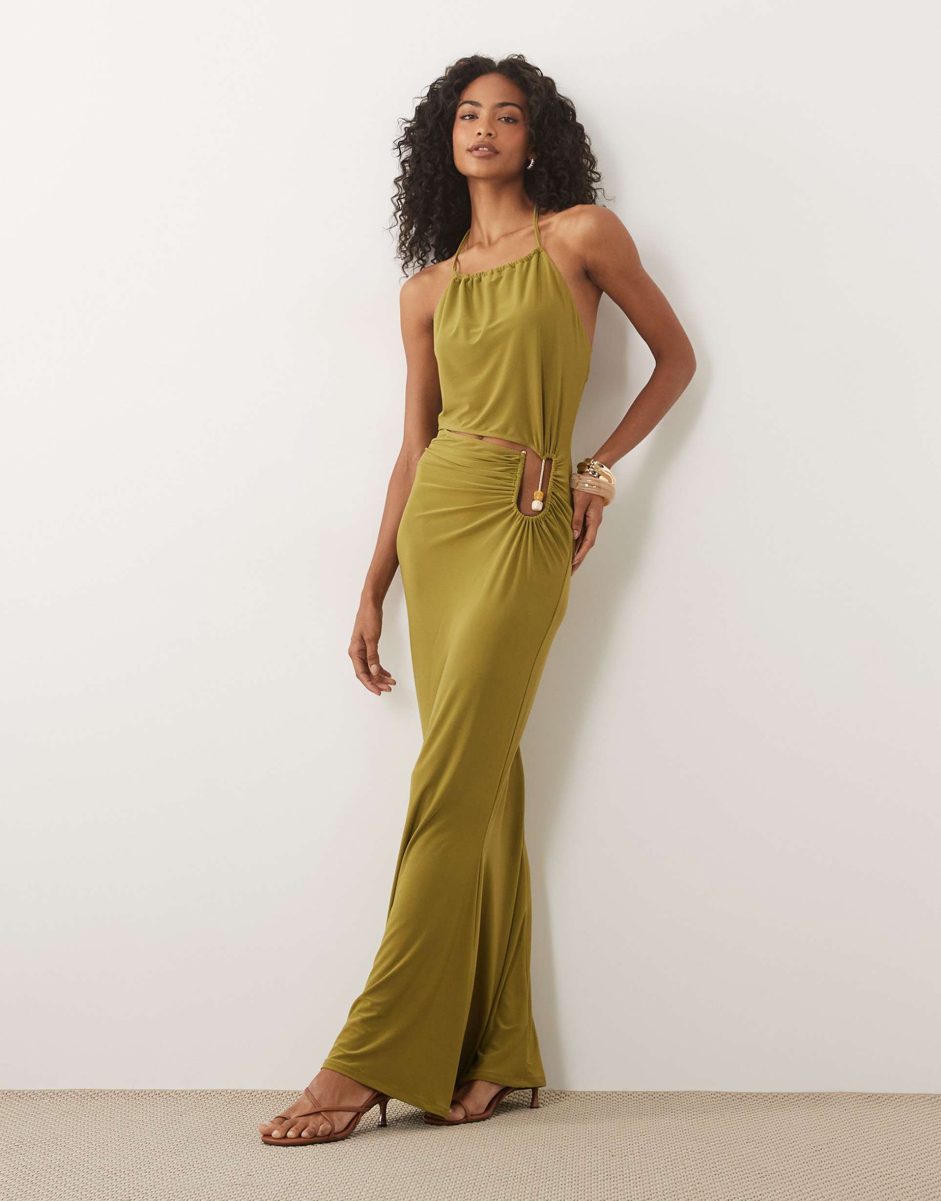 asos design sculpting high neck maxi dress with trim in olive