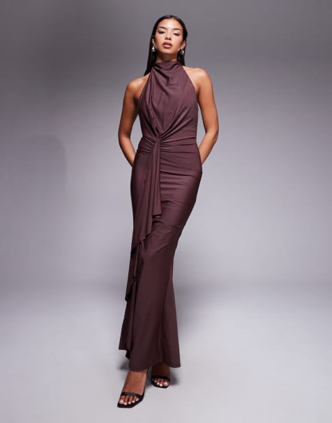 ASOS DESIGN sculpting jersey high neck drape ruffle maxi dress in brown - view 1