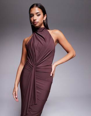 Asos Design Sculpting Jersey High Neck Drape Ruffle Maxi Dress In Brown