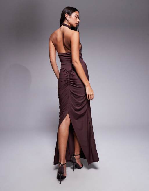 リルアー　drape design dress M-Long brown ASOS DESIGN sculpting jersey high neck drape ruffle maxi