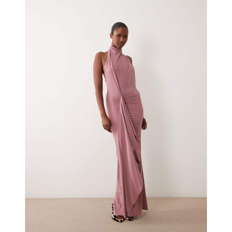 ASOS DESIGN sculpting jersey high neck drape ruffle maxi dress in mauve