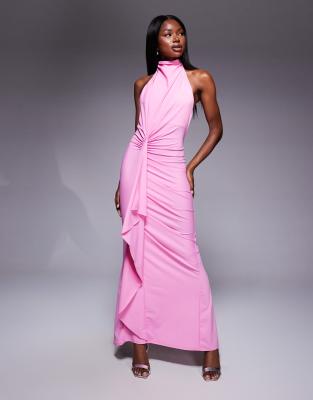Asos Design Sculpting Jersey High Neck Drape Ruffle Maxi Dress In Pink