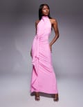 [ASOS DESIGN] ASOS DESIGN sculpting jersey high neck drape ruffle maxi dress in rose-Pink 4 pink
