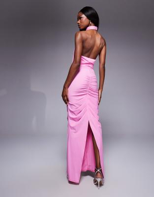 Asos Design Sculpting Jersey High Neck Drape Ruffle Maxi Dress In Pink