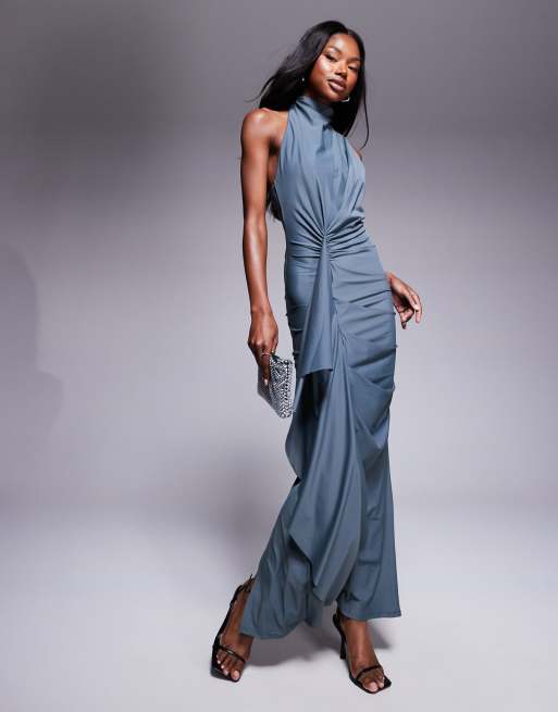 ASOS DESIGN sculpting jersey high neck drape ruffle maxi dress in slate blue