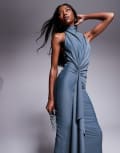 [ASOS DESIGN] ASOS DESIGN sculpting jersey high neck drape ruffle maxi dress in slate grey-Blue 16 Blue