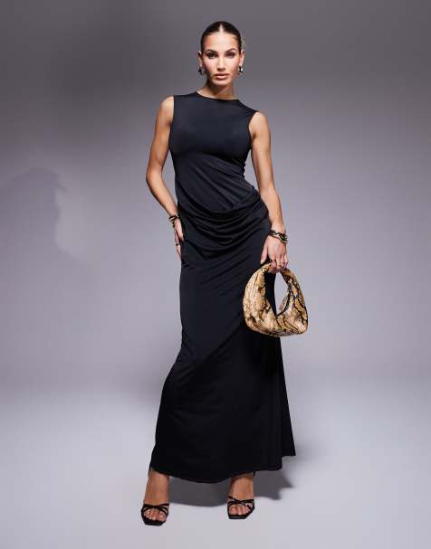 ASOS DESIGN sculpting jersey high neck slinky maxi dress with drape waist in black - view 1