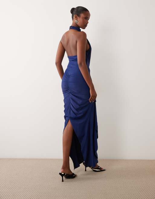 ASOS DESIGN sculpting jersey hoogsluitende maxi-jurk met gedrapeerde ruches in navy, 2 van 4