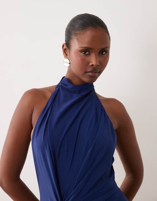 ASOS DESIGN sculpting jersey hoogsluitende maxi-jurk met gedrapeerde ruches in navy, 3 van 4