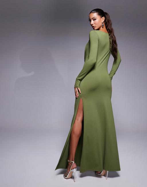 ASOS Design Sculpting Jersey Long Sleeve Cowl Neck Maxi Dress in khaki Green