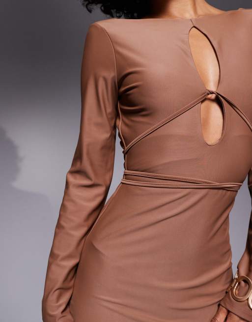 ASOS DESIGN sculpting jersey long sleeve maxi dress with cross straps in mocha