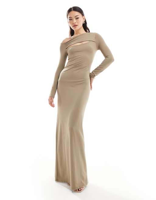 ASOS DESIGN sculpting jersey long sleeve maxi dress with cut out detail in light khaki ASOS