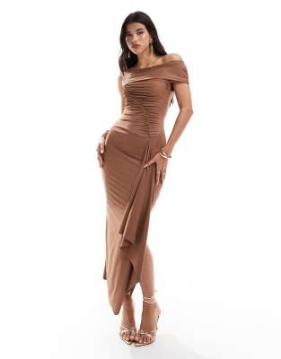 Asos Design Sculpting Jersey Off The Shoulder Midi Dress With Gauging Detail In Camel-brown