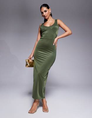 sculpting jersey scoop neck midi dress with bodice detailing in khaki-Green