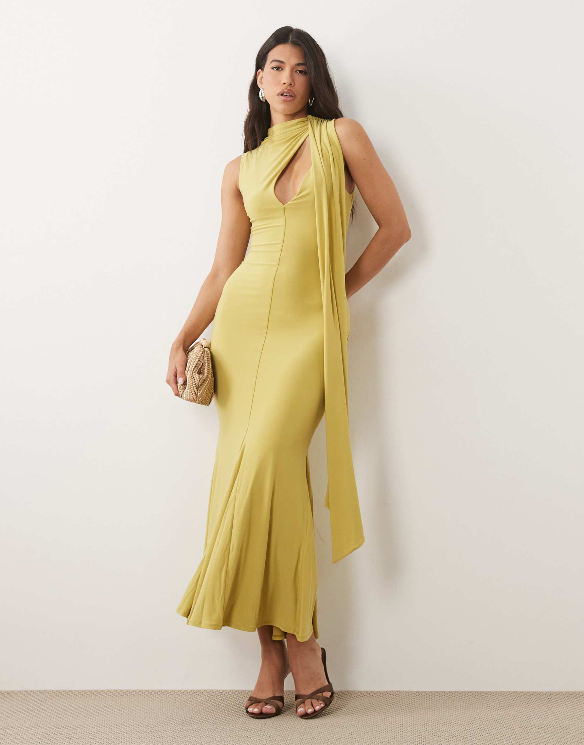 asos design sculpting maxi dress with scarf detail in olive