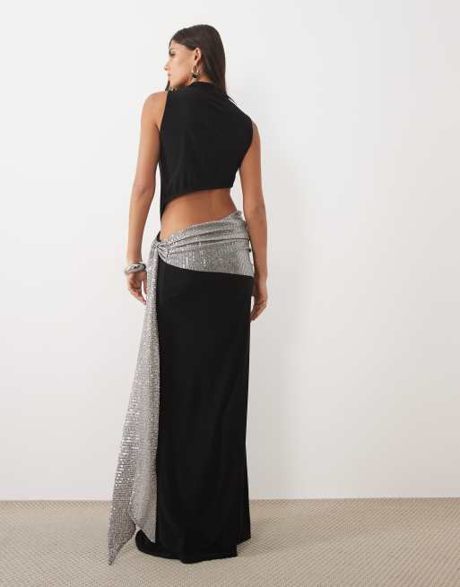 ASOS DESIGN sculpting maxi dress with sequined drape detail in black, 4 of 4