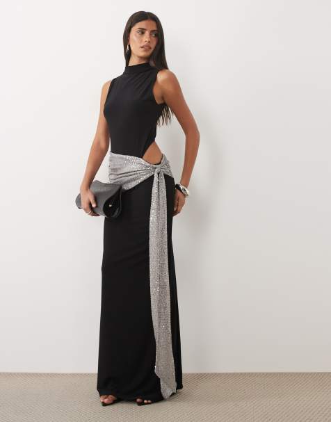 ASOS DESIGN sculpting maxiklänning med draperad paljett-detalj i svart - view 1