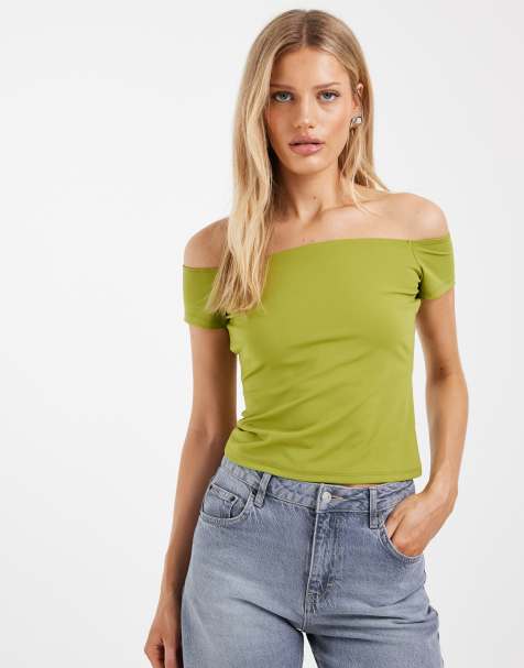 ASOS DESIGN Sculpting off the shoulder short sleeve top in green - view 1