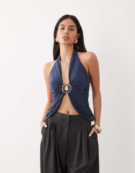 ASOS DESIGN sculpting plunge top with hardware detail in navy blue - view 1