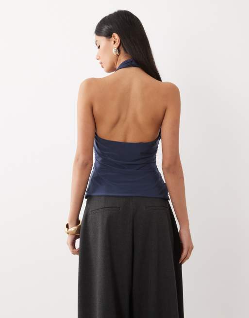 ASOS DESIGN sculpting plunge top with hardware detail in navy blue, 3 of 4