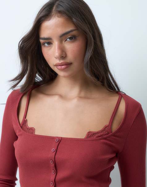 ASOS DESIGN sculpting rib button through top with lace underlayer in berry - view 1