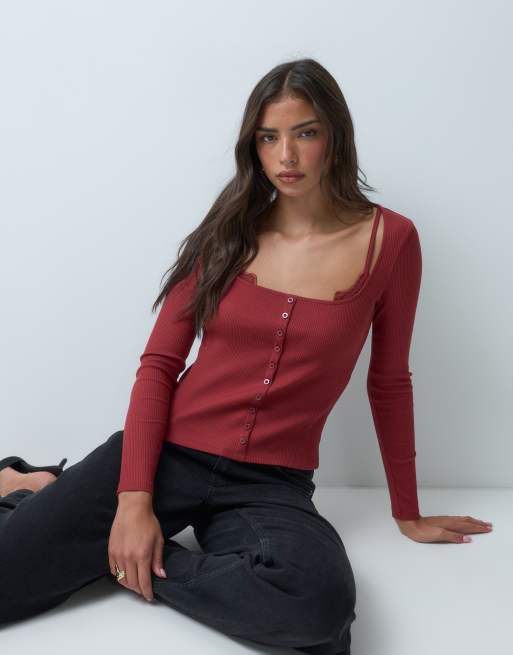 ASOS DESIGN sculpting rib button through top with lace underlayer in berry, 2 of 5