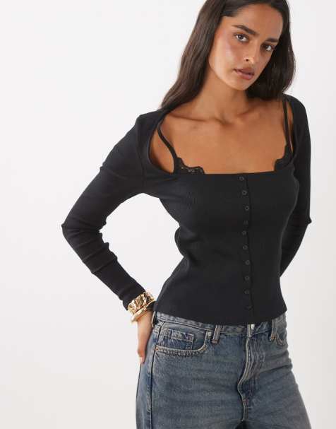 ASOS DESIGN sculpting rib button through top with lace underlayer in black - view 1